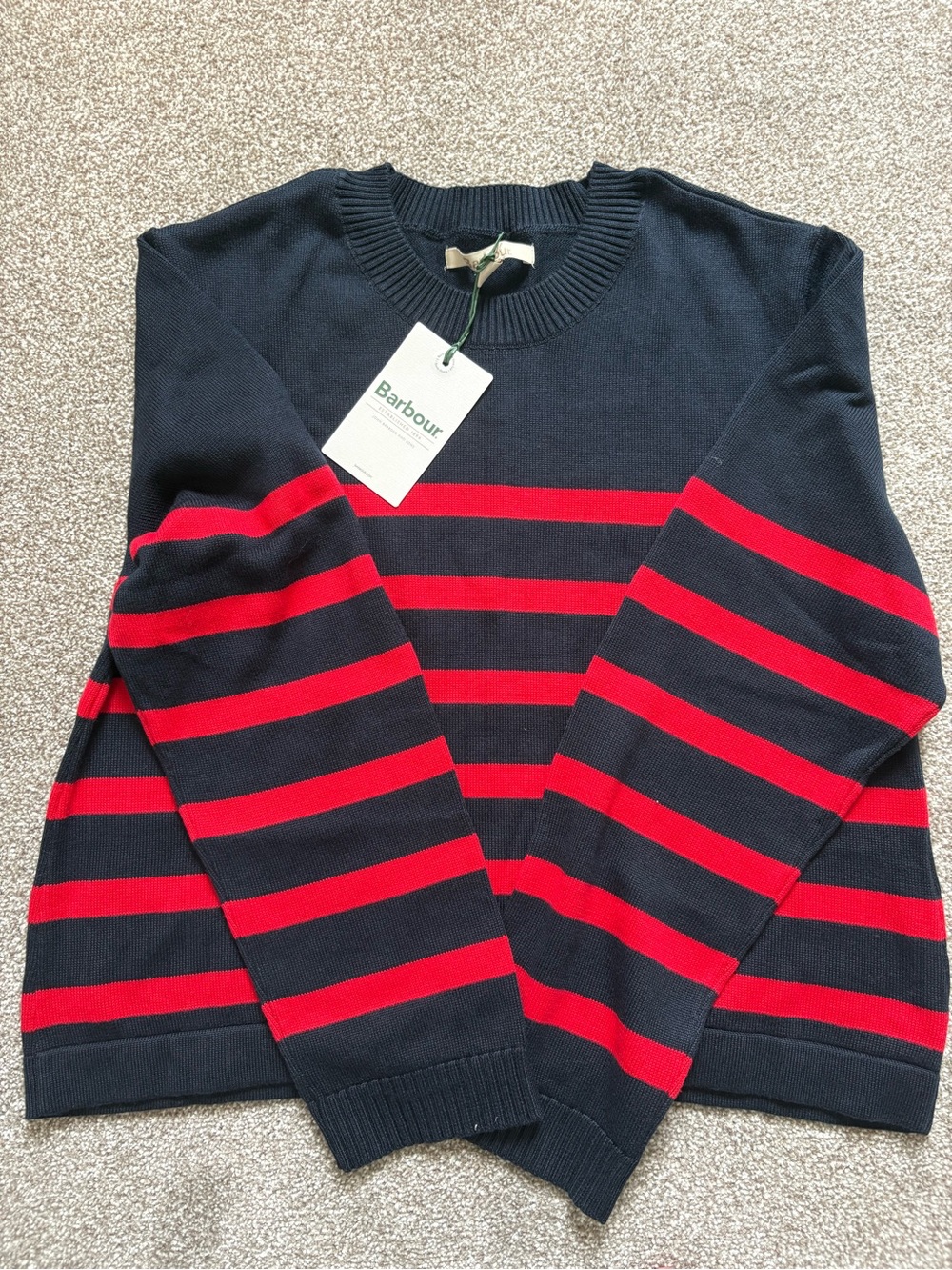 Barbour Women’s Fern Knitted Sweater in Navy/Red Stripe, Size 8